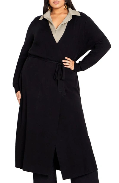 City Chic Goldie Tie Waist Cardigan In Black