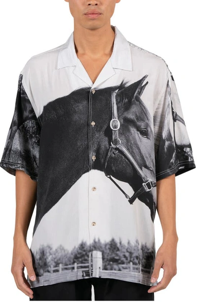 Pleasures Horses Print Short Sleeve Button-up Shirt In White