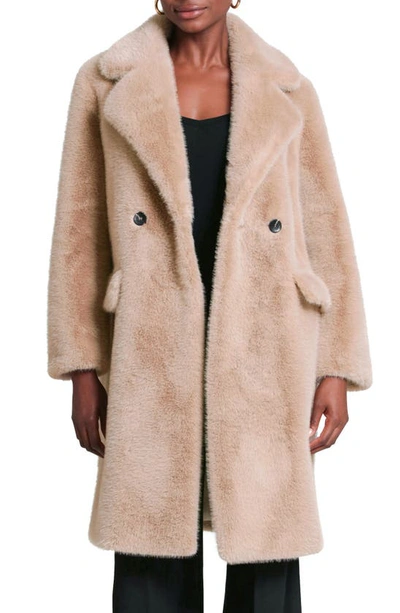 Avec Les Filles Relaxed Fit Longline Double Breasted Faux Mink Coat In Tan