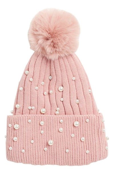 Tasha Pearl Pompom Beanie In Blush