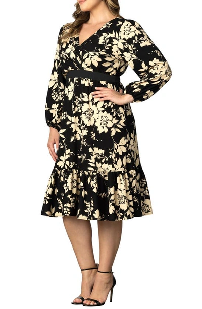 Kiyonna Pprtia Long Sleeve Midi Faux Wrap Cocktail Dress In Vintage Ivory