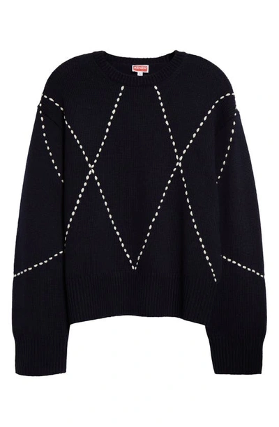 Kenzo Sashiko Stitch Wool Blend Crewneck Jumper In 77- Midnight Blue