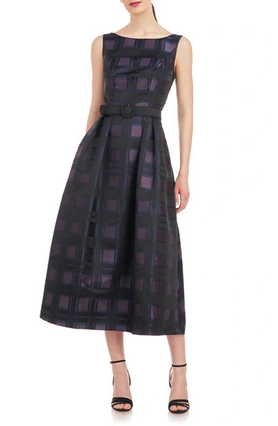 Kay Unger Isla Plaid Pleated Belted Cocktail Dress In Night Blue