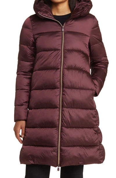 Save The Duck Lysa Quilted Hooded Longline Coat In Burgundy Black