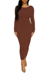 Naked Wardrobe Timeless Long Sleeve Body-con Midi Dress In Chocolate