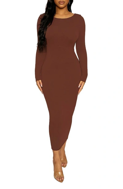 Naked Wardrobe Timeless Long Sleeve Body-con Midi Dress In Chocolate