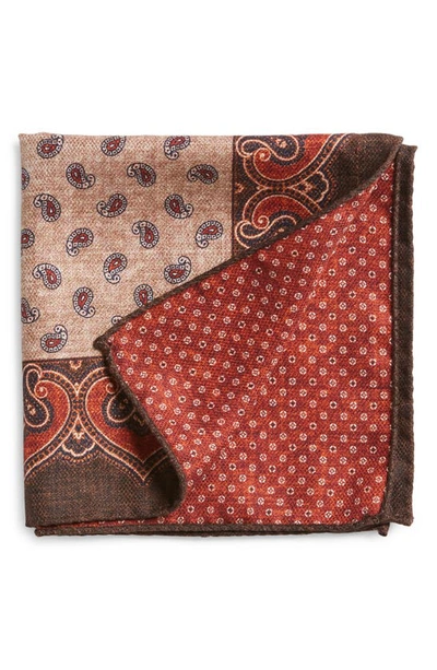 Edward Armah Mini Paisley & Shadowed Dots Reversible Silk Pocket Square In Tan