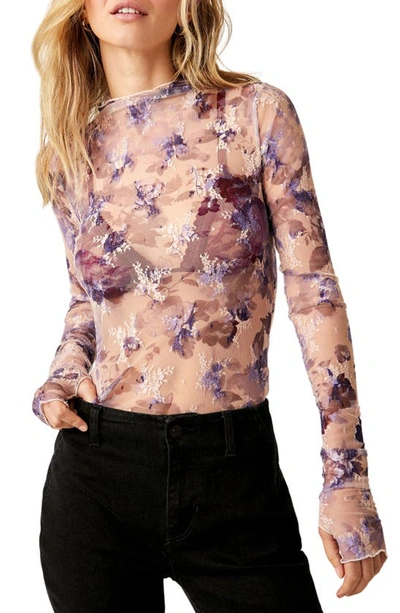 Free People Printed Lady Sheer Embroidered Long Sleeve Top In Fallen Rose Combo