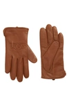 Ugg Logo Stitch Leather Gloves In Chestnut