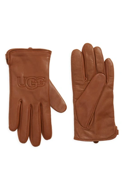 Ugg Logo Stitch Leather Gloves In Chestnut