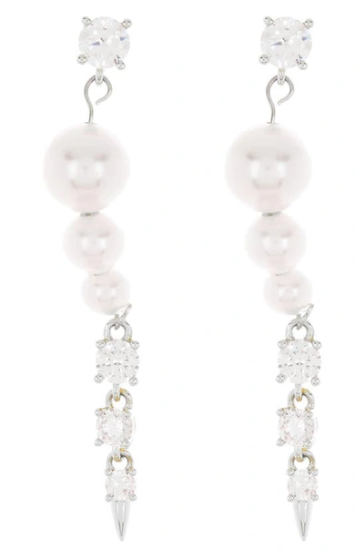 Nordstrom Rack Graduated Imitation Pearl & Cubic Zirconia Linear Drop Earrings In Clear- White- Silver