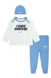 Nike Babies'  I Have Arrived T-shirt, Footed Leggings & Beanie Set In University Blue
