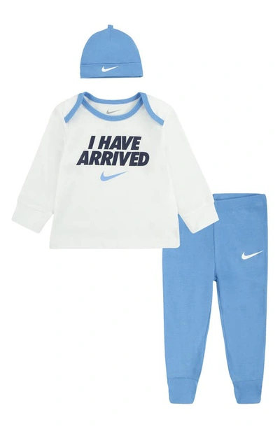 Nike Babies'  I Have Arrived T-shirt, Footed Leggings & Beanie Set In University Blue