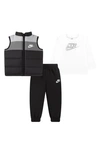 Nike Babies' Colorblock Puffer Vest, Long Sleeve Tee & Joggers Set In Black
