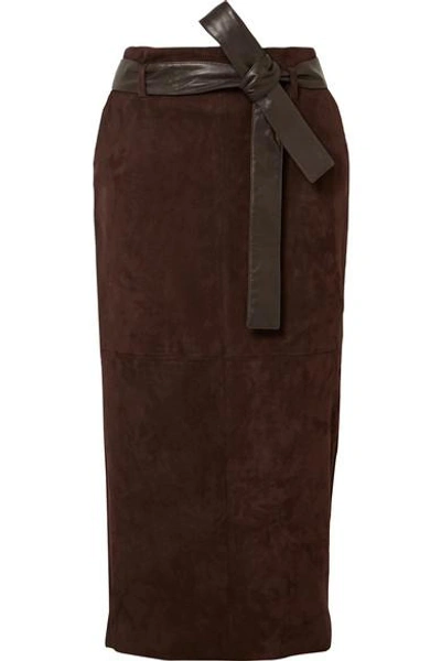 The Row Arun Belted Stretch-suede Midi Skirt In Brown