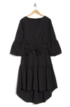 By Design Balloon Sleeve Faux Wrap High-low Dress In Black