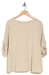 Max Studio Ruched Sleeve Ribbed Top In Oatmeal