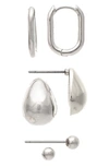 Rivka Friedman Set Of 3 Stud & Huggie Hoop Earrings In White Rhodium Clad