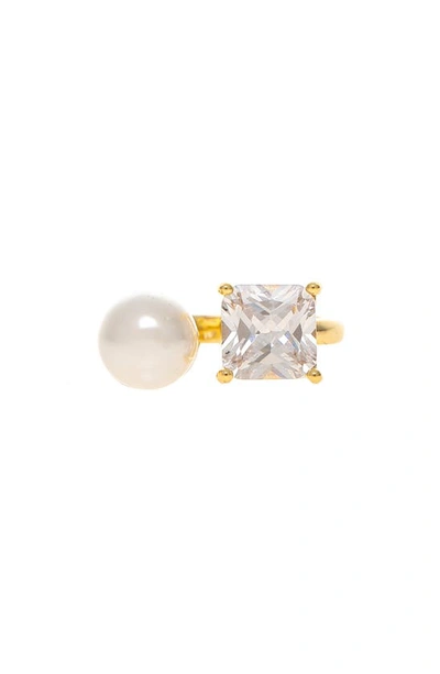 Rivka Friedman 18k Gold Plated Cubic Zirconia & Imitation Pearl Ring In 18k Gold Clad