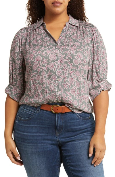 Wit & Wisdom Floral Button-up Top In Desert Cactus/ Wine Multi