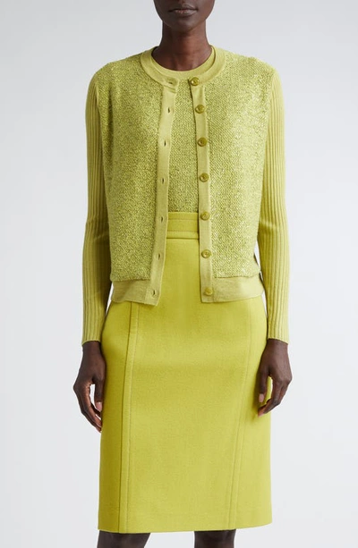 St John Sequin Rib Wool & Silk Blend Cardigan In Chartreuse