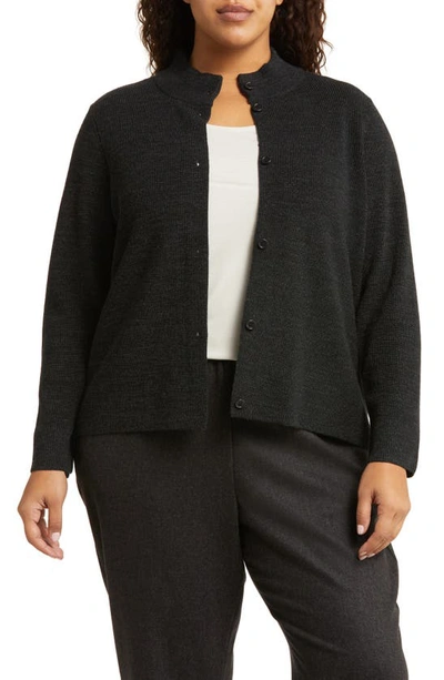 Eileen Fisher High Collar Merino Wool Cardigan In Black/ Charcoal