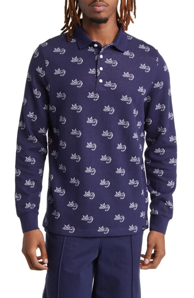 Puma X Noah Jacquard Long Sleeve Cotton Polo In Navy