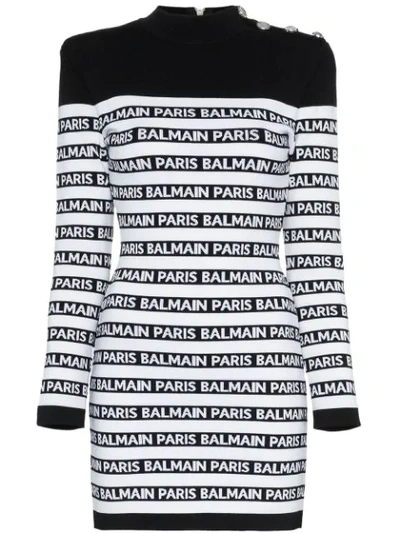 Balmain Button-embellished Striped Intarsia Stretch-knit Mini Dress In Black