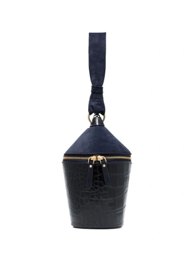 Staud Minnow Suede And Croc-effect Leather Tote In Blue