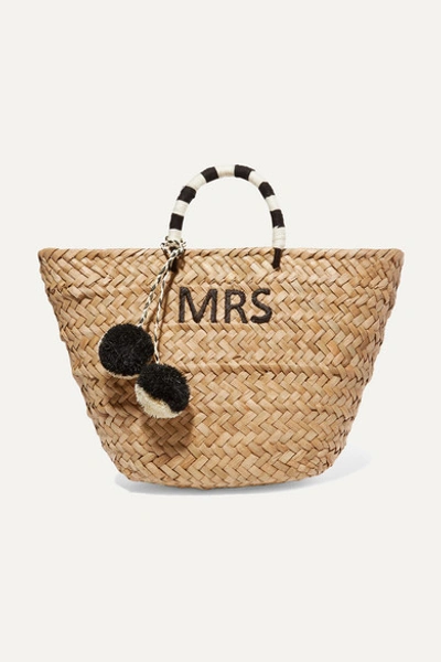 Kayu St Tropez Pompom-embellished Embroidered Woven Straw Tote In Neutral