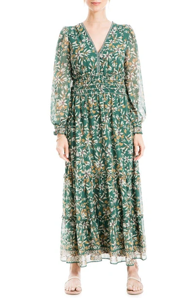 Max Studio Floral Long Sleeve Maxi Dress In Green Floral