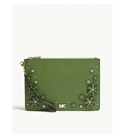Michael Michael Kors Michael Kors True Green Floral Embellished Leather Zipped Pouch