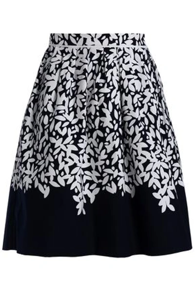 Oscar De La Renta Woman Pleated Printed Cotton-blend Mini Skirt Navy