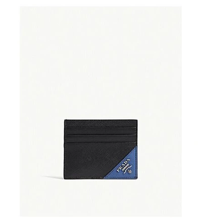 Prada Contrasting Corner Saffiano Leather Card Holder In Black Light Blue