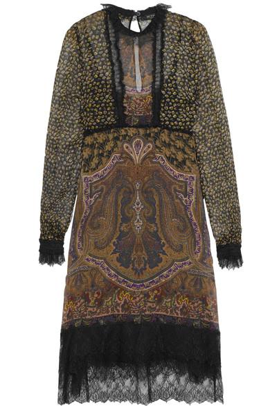Etro Woman Lace-trimmed Printed Silk-georgette Dress Brown | ModeSens