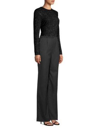 Escada Beaded-bodice Jewel-neck Long-sleeve Belted Straight-leg Jumpsuit In Black