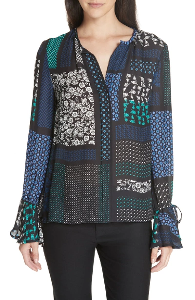 Derek Lam 10 Crosby Collarless Bell-sleeve Printed Silk Blouse In Black