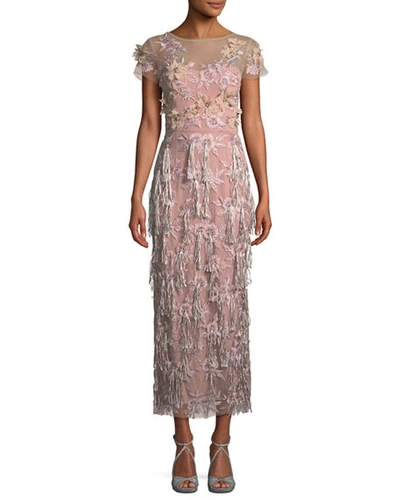 David Meister Cap-sleeve 3-d Floral & Tassels Embroidered Long Formal Dress In Lilac