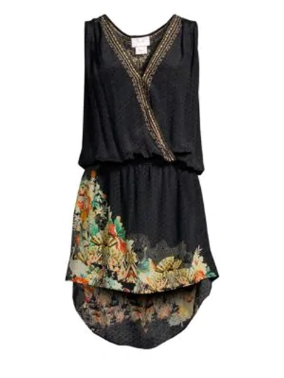 Camilla Printed Silk Crossover High-low Short Dress In Night Child