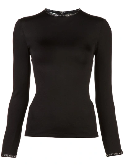 Helmut Lang Studded High-neck Long-sleeve Top W/ Leather Trim In Black