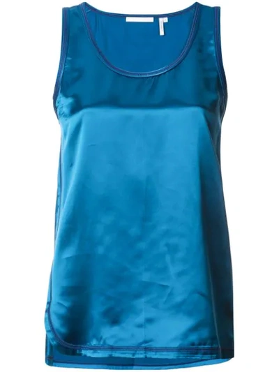 Helmut Lang Cover-stitch Scoop-neck Satin Tank In Lagoon