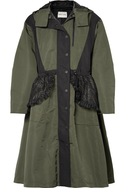 Sandy Liang Turner Hooded Ruffled Lace-paneled Shell Coat In Olive Black