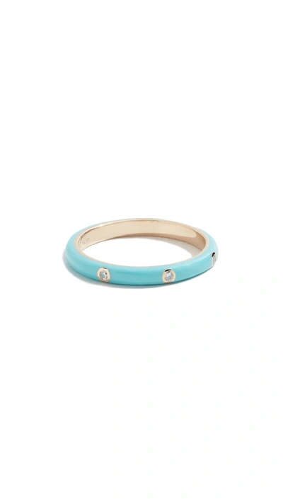 Ef Collection 14k Three Diamond Enamel Stack Ring In Turquoise/gold