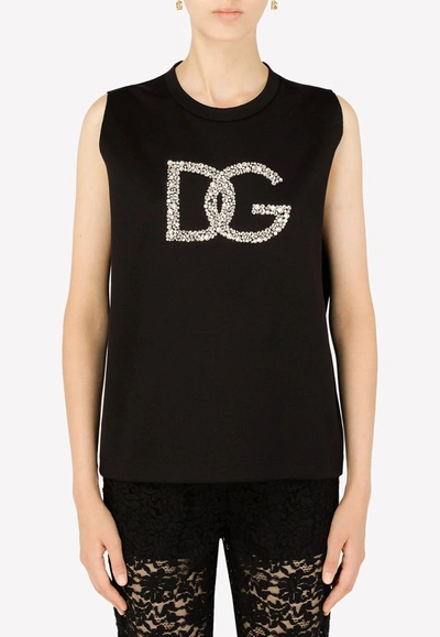 Dolce & Gabbana Crystal-embellished Interlock Logo Tank Top In Black