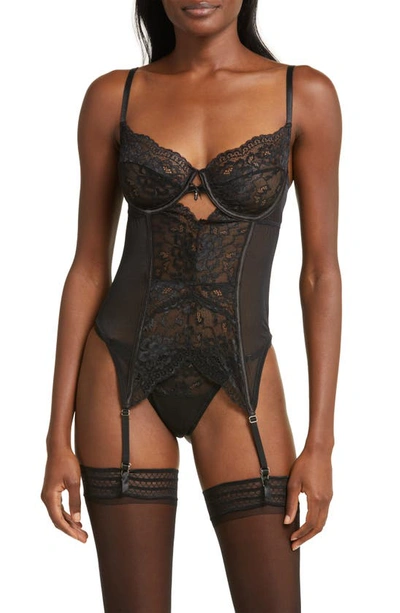 Coquette Lace Underwire Bustier, Garter & Thong Set In Black