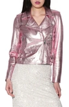 Walter Baker Liz Metallic Leather Crop Moto Jacket In Silver