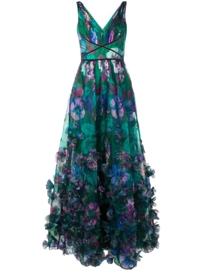 Marchesa Notte Organza Ball Gown W/ 3d Floral Embroidery In Green