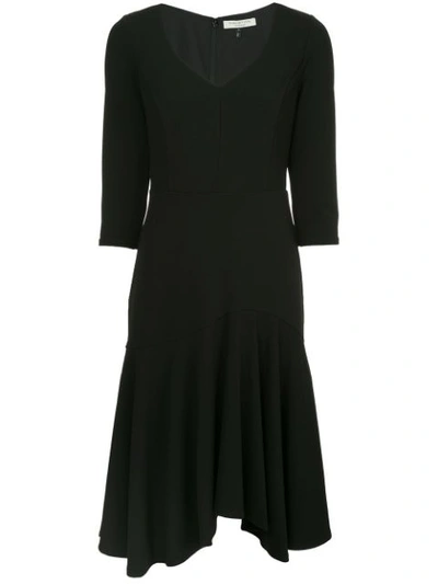 Halston Heritage Quarter-sleeve Wide V-neck Flounce Dress In Black