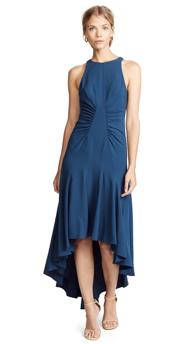 Halston Heritage High-low Halter Dress W/ Ruched Details In Teal