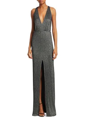 halston heritage metallic knit evening gown